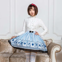 Sweet Mori Girl Light Sky Blue Poker Card Printed Short Skirt for Summer