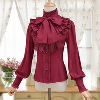 Vintage Women's Lolita Shirt Gothic Chiffon Ruffle Blouse Long Sleeve Blusas Black/White/Navy Blue/Burgundy