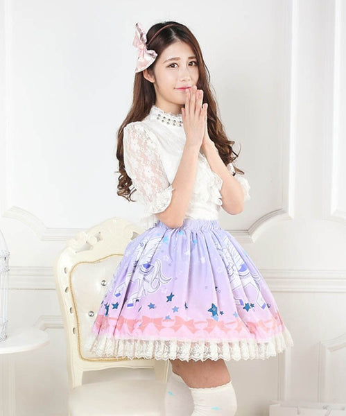 Sweet Ombre Pink Unicorn Printed Lace Lady's Lolita Skirt