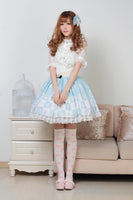 Light Sky Blue Sweet Checkered Elastic Waist Lolita Skirt For Lady with Crowned Bow