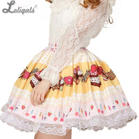 Lolita Sweet Light Yellow Original Design Cake and Strawberry Printed Girl's Short Cute Skirt