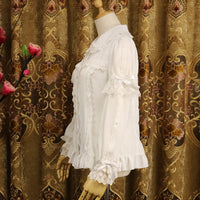 Ladies Short Sleeve Chiffon Blouse White/Black Lolita Button Down Shirt with Detachable Sleeves