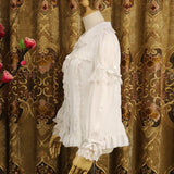 Ladies Short Sleeve Chiffon Blouse White/Black Lolita Button Down Shirt with Detachable Sleeves