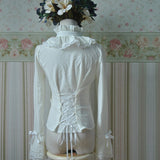 White/Black Chiffon Blouse Long Flare Sleeve Lace Ruffled Blouse/Shirt for Women