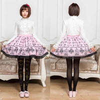 Sweet Mori Girl Pink Bird Cage and Chandelier Printed Short Skirt for Women