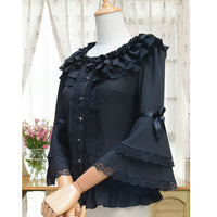 Lolita White Flare Long Sleeve Ruffled Chiffon Slim Fitting Sweet Blouse for Lady
