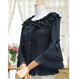 Lolita White Flare Long Sleeve Ruffled Chiffon Slim Fitting Sweet Blouse for Lady