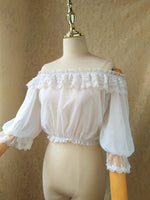 Sweet Women's Off the Shoulder Crop Top Bishop Sleeve Dotted Sheer Chiffon Blouse for Summer