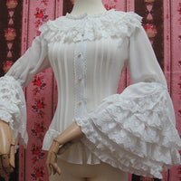Retro Style Long Flare Sleeve Lolita Lace Blouse Women's Plus Size Chiffon White Shirt with Layered Lace Ruffles