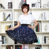 Kawaii Mori Girl Short Skirt Sweet Navy Blue Starry Night Printed Skater Skirt for Women