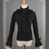 White/Black Chiffon Blouse Long Flare Sleeve Lace Ruffled Blouse/Shirt for Women