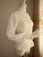 Vintage Women's Chiffon Blouse Sweet Long Lantern Sleeve High Collar Shirt with Lace Detailing