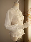 Vintage Women's Chiffon Blouse Sweet Long Lantern Sleeve High Collar Shirt with Lace Detailing