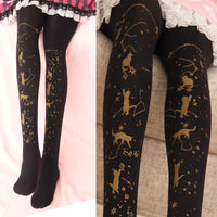 Starry Night Playing Cat ~ Sweet Printed Lolita Pantyhose Gold Stamped Patterned Tights