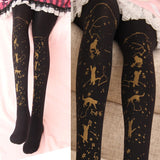 Starry Night Playing Cat ~ Sweet Printed Lolita Pantyhose Gold Stamped Patterned Tights