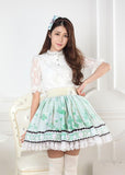 Sweet Light Green Short Skirt Cute Clover Printed Lolita Pleated Skirt with Lace Trimming
