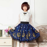 Mori Girl Blue Skater Skirt Moon and Star Printed Lady's Pleated Short Lolita Elastic Waist Skirt
