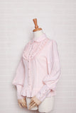 Sweet Girl's Chiffon Blouse Pink Long Puff Sleeve Women's Shirt with Ruffles