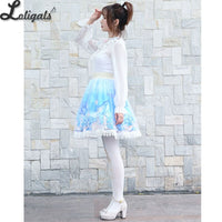 Sweet Whale Printed Short Skirt Mori Girl A line Elastic Waist Skater Skirt w. Mesh Overlay