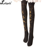 Starry Night Playing Cat ~ Sweet Printed Lolita Pantyhose Gold Stamped Patterned Tights