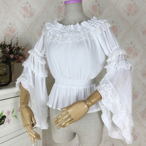 Sweet Women's Long Flare Sleeve Chiffon Blouse Vintage Off the Shoulder Top