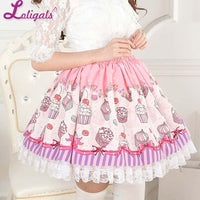 Sweet Pink Macarons and Cake Printed Lolita Lace Short Skirt for Girl
