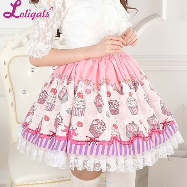 Sweet Pink Macarons and Cake Printed Lolita Lace Short Skirt for Girl