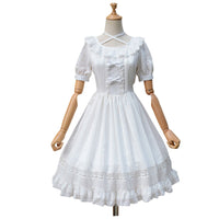Sweet Short Sleeve Lolita Dress Jacquard Casual White/Black Plaid Dress for Summer