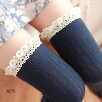 Cute Twist Pattern Cotton Thigh High Stockings Lace Trimmed Over Knee Stockings 5 Colors