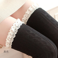 Cute Twist Pattern Cotton Thigh High Stockings Lace Trimmed Over Knee Stockings 5 Colors