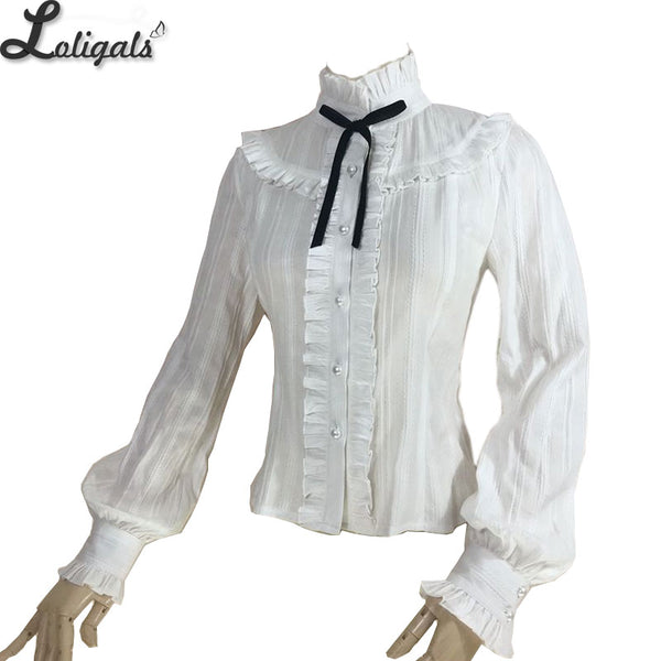Sweet Women's Lolita Blouse Jacquard Cotton Long Sleeve White/Pink Blouse by Yiliya