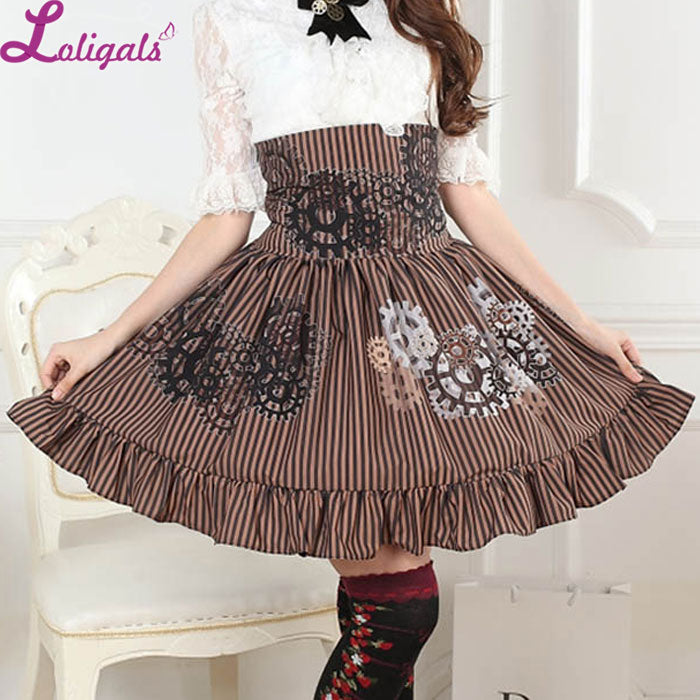 Women's Steampunk Skirt High Waist Brown Gear Printed Striped A Line Lolita  Skirt with Ruffles
