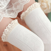 Cute Twist Pattern Cotton Thigh High Stockings Lace Trimmed Over Knee Stockings 5 Colors