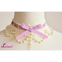 Sweet Lolita Lace Choker with Bowknot Cute Necklace with Beaded Chain