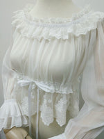 Summer Off the Shoulder White Lolita Lace Blouse with Long Flare Sleeve Elastic Waist