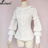 Sweet Women's Lolita Cotton Blouse White/Pink Long Sleeve Button Down Shirt by Yiliya