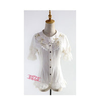 Short Sleeve Striped White Women's Blouse with Bowknots by Strawberry Witch