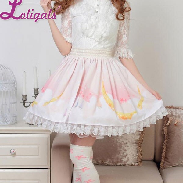 Sweet Fairy Moonlight Printed Short Lolita Pleated Lace Skirt for Lady