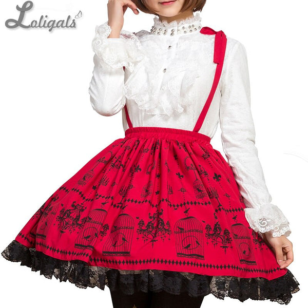 Sweet Mori Girl Deep Red Birdcage Printed Short Suspender Skirt for Summer