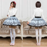 Sweet Mori Girl Light Sky Blue Pocket Watch Printed Short Skirt with Lace Trimming