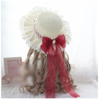 Sweet Lolita Straw Sunhat Mori Girl Caps with Lace & Bowknot Beach Summer Hat