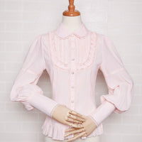 Sweet Girl's Chiffon Blouse Pink Long Puff Sleeve Women's Shirt with Ruffles