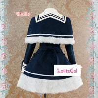 Classic Sailor Uniform Inspired Navy Blue Long Sleeve Double Breasted Metal Button Wool Winter Lolita Coat