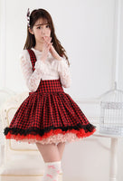 Sweet Japanese Style Super Adorable Red and Black Plaid Pleated Lace Jumper Skirt for Girl
