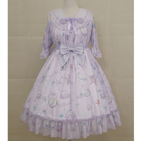 Star Fish & Shells ~ Sweet Printed Lolita Dress Cold Shoulder Short Sleeve Party Dress