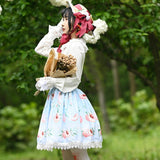 Sweet Peach Printed A line Skirt Mori Girl Short Skirt with Lace Trimming