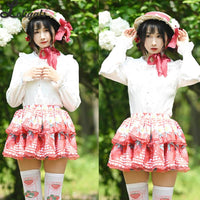 Sweet Layered Mini Skirt Mori Girl Strawberry & Flower Printed A line Lolita Skirt