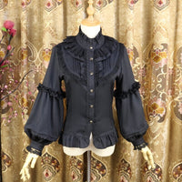 Ruffled Collar Lolita Blouse Vintage Long Lantern Sleeves Chiffon Shirt