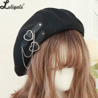Fashion Beret Hat Black Cool Lolita Hat with Heart & Chain