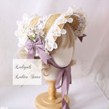Elegant Lolita Bonnet Hat with Ruffled Lace Trimming Sweet Straw Hat